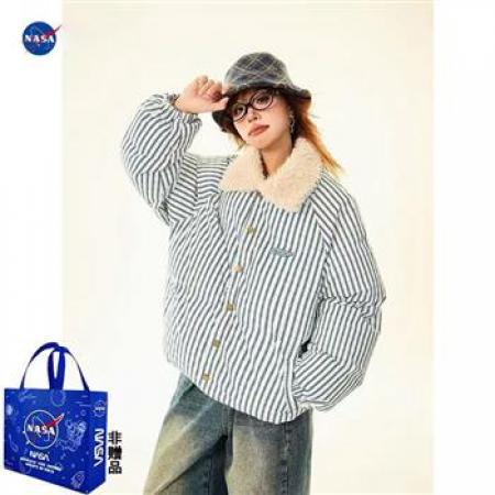 YF5928# 图片色冬季羊羔绒翻领长袖条纹系扣加厚保暖蓝色坚纹复古棉袄外套