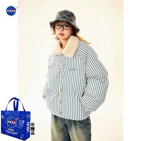 YF5928# 图片色冬季羊羔绒翻领长袖条纹系扣加厚保暖蓝色坚纹复古棉袄外套