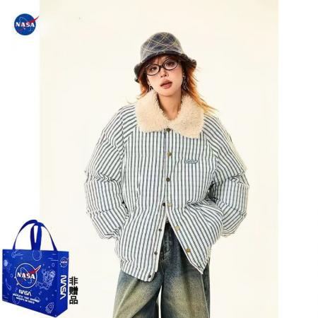 YF5928# 图片色冬季羊羔绒翻领长袖条纹系扣加厚保暖蓝色坚纹复古棉袄外套