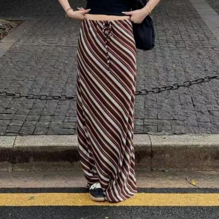 YF5926# 图片色优雅时尚绑绳纤腰波浪彩虹印花中长款包臀复古半身裙