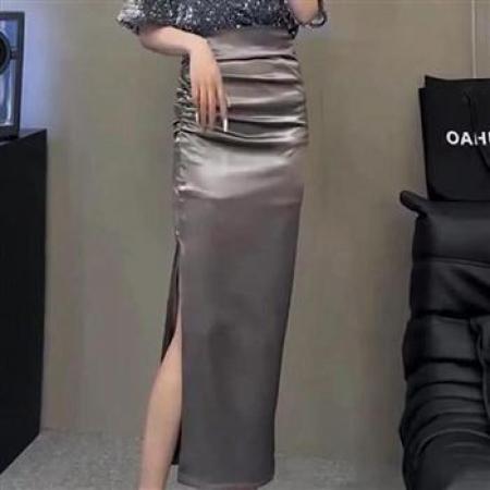 YF5948# 高级感褶折收腹显瘦高腰开叉中长款一步设计半身裙