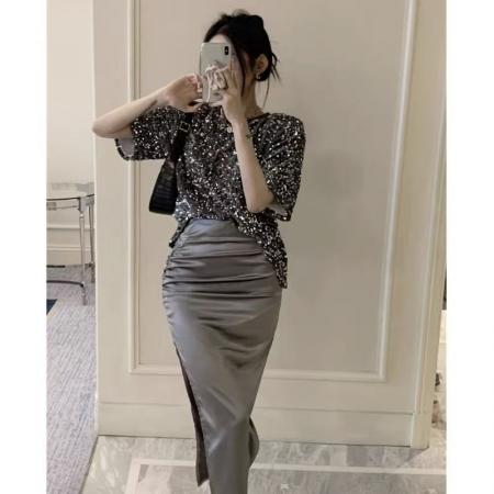 YF5948# 高级感褶折收腹显瘦高腰开叉中长款一步设计半身裙