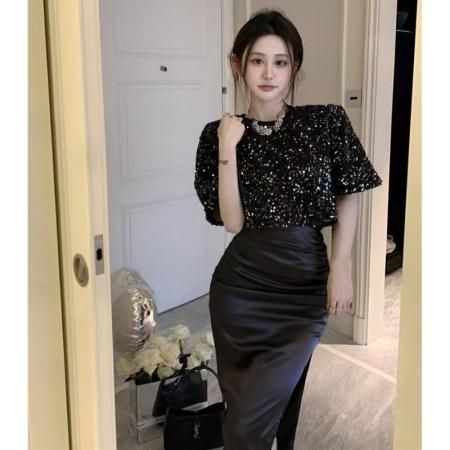 YF5948# 高级感褶折收腹显瘦高腰开叉中长款一步设计半身裙