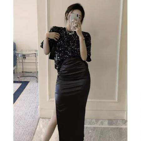 YF5948# 高级感褶折收腹显瘦高腰开叉中长款一步设计半身裙