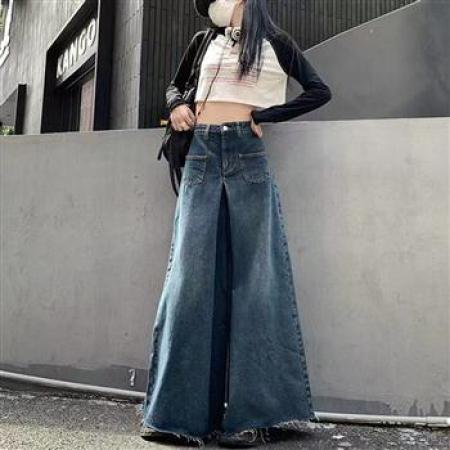 YF5945# 图片色港味街头嘻哈风高腰阔腿直筒毛边坠地感大码牛仔裤