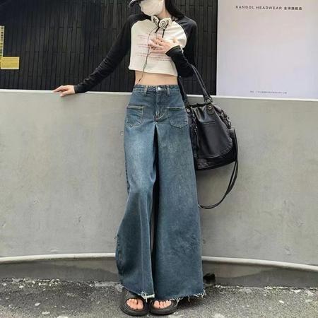 YF5945# 图片色港味街头嘻哈风高腰阔腿直筒毛边坠地感大码牛仔裤