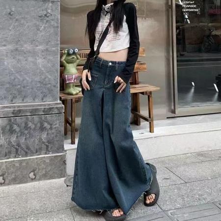 YF5945# 图片色港味街头嘻哈风高腰阔腿直筒毛边坠地感大码牛仔裤