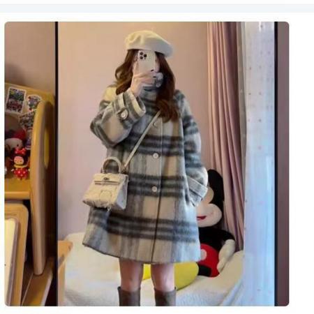YF5970# 图片色冬季复古格子长袖排扣绑带系腰中长款洋气撞色呢子外套