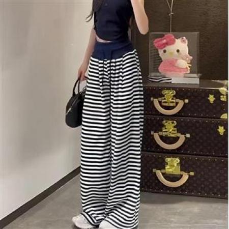 YF5964# 图片色条纹黑色拼接直筒坠地感抽绳绑带宽松显瘦运动休闲卫衣裤