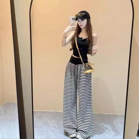 YF5964# 图片色条纹黑色拼接直筒坠地感抽绳绑带宽松显瘦运动休闲卫衣裤