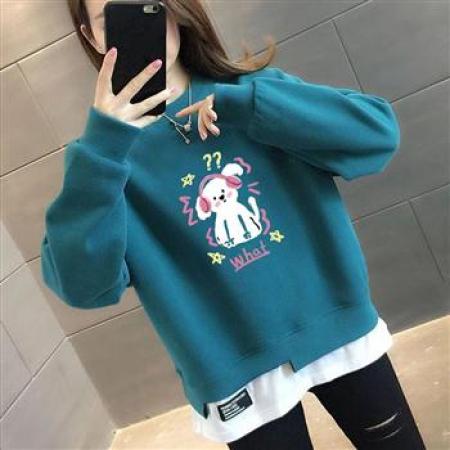 YF5963# 图片色假两件拼接贴标小可爱狗狗印花加大码显瘦休闲卫衣
