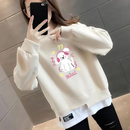 YF5963# 图片色假两件拼接贴标小可爱狗狗印花加大码显瘦休闲卫衣