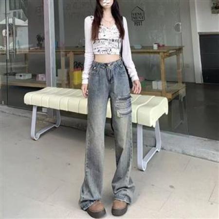 YF5983# 图片色韩版做旧个性工装开口拉链补丁设计复古蓝休闲牛仔裤