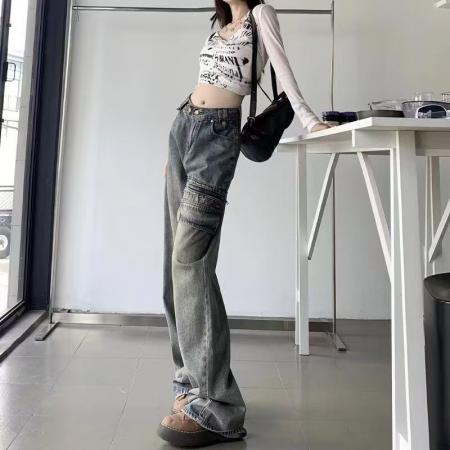 YF5983# 图片色韩版做旧个性工装开口拉链补丁设计复古蓝休闲牛仔裤