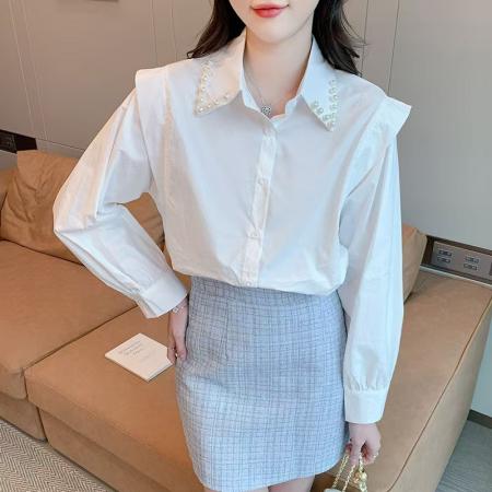 YF5980# 图片色甜美时尚钉珠翻领设计长袖排扣白色优雅春秋百搭雪纺上衣