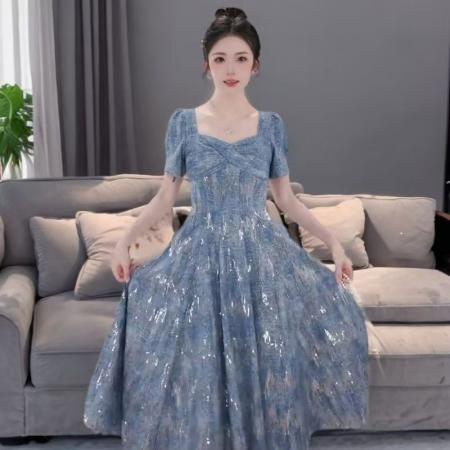 YF5978# 图片色名媛气质钉珠亮片设计交叉裹胸收腰大摆中长款精致连衣裙