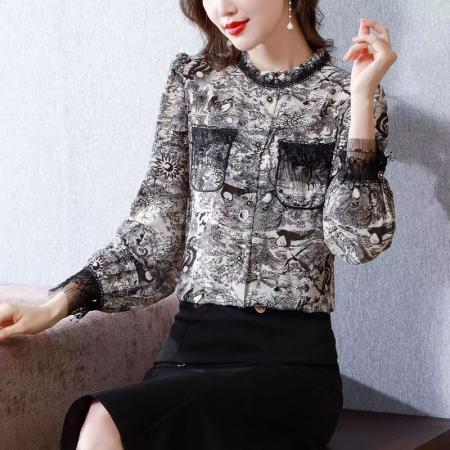 YF5997# 图片色时尚高端长袖蕾丝边立领排扣碎花个性宽松大码春秋新款雪纺衫
