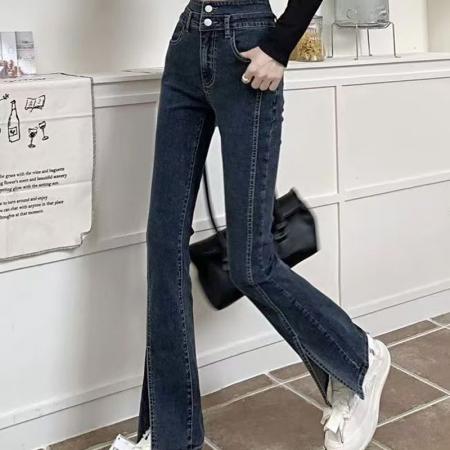 YF5994# 图片色美式双排扣弹力包臀复古蓝微喇叭开叉设计显瘦牛仔裤