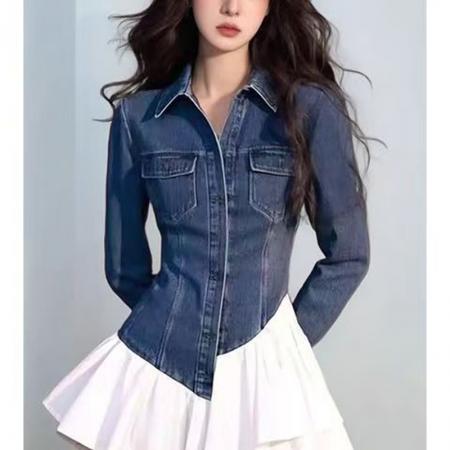 YF5993# 图片色秋冬时尚假两件牛仔拼接百褶连衣裙不规则裁剪设计牛仔裙