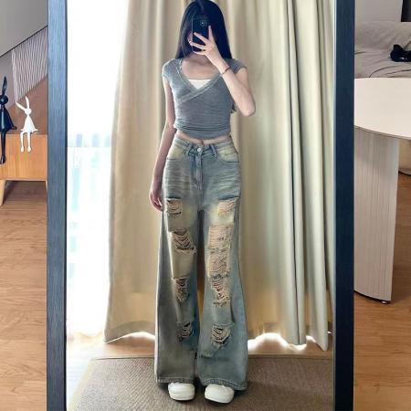 YF6003# 图片色港式时尚设计破洞流苏系扣高腰坠地感做旧新款牛仔裤