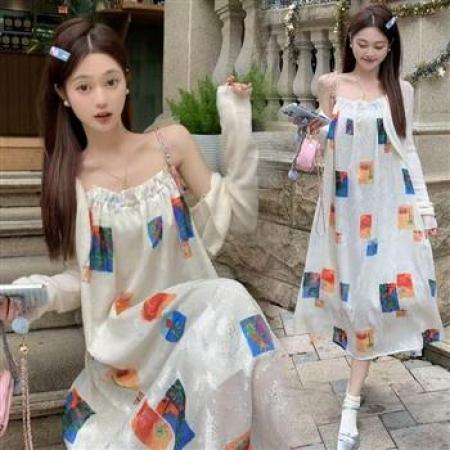 YF6009# 图片色性感时尚无袖吊带A字彩格印花宽松显瘦大码海边风度假连衣裙