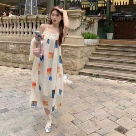 YF6009# 图片色性感时尚无袖吊带A字彩格印花宽松显瘦大码海边风度假连衣裙