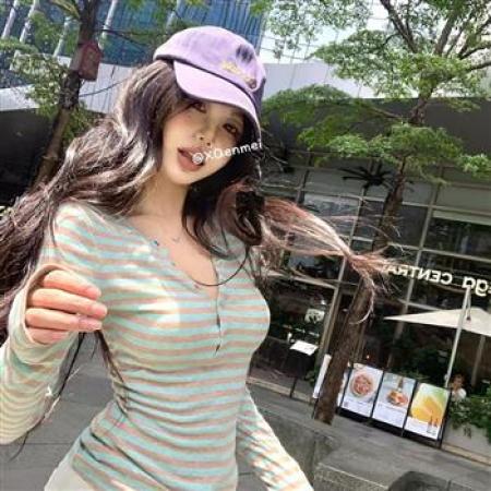 YF6008# 韩版小清新长袖V领系扣弹力显瘦学院风春秋百搭T恤