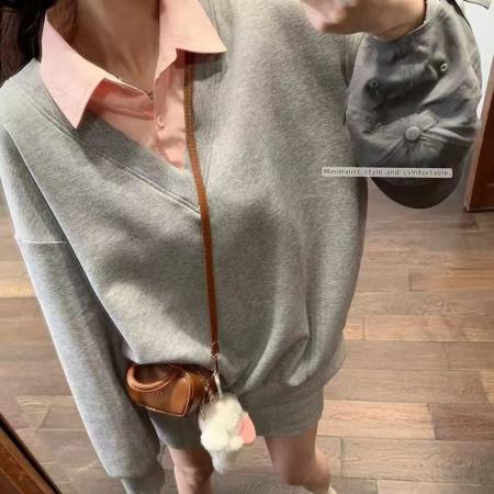 YF6027# 假两件POLO领拼接慵懒风落肩袖胖MM显瘦大码包臀卫衣