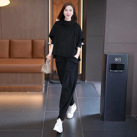 FA42589# 秋冬新款胖MM时尚减龄宽松显廋立领半袖上衣哈伦裤两件套 服裝批發女裝批發服飾貨源