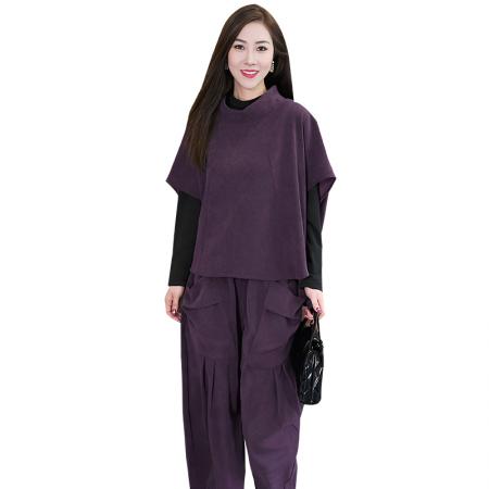FA42589# 秋冬新款胖MM时尚减龄宽松显廋立领半袖上衣哈伦裤两件套 服裝批發女裝批發服飾貨源