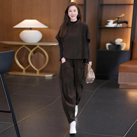 FA42589# 秋冬新款胖MM时尚减龄宽松显廋立领半袖上衣哈伦裤两件套 服裝批發女裝批發服飾貨源