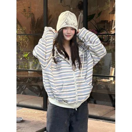 FA42597# 撞色条纹连帽开衫卫衣女秋冬新款拉链外套慵懒风宽松休闲上衣 服裝批發女裝批發服飾貨源