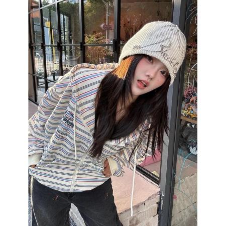 FA42597# 撞色条纹连帽开衫卫衣女秋冬新款拉链外套慵懒风宽松休闲上衣 服裝批發女裝批發服飾貨源