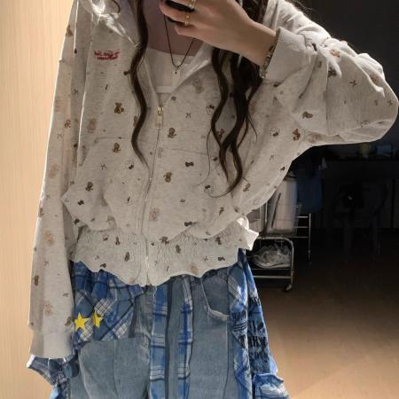 FA42598# 设计感小众美式复古碎花连帽卫衣女宽松休闲百搭开衫外套上衣秋潮 服裝批發女裝批發服飾貨源