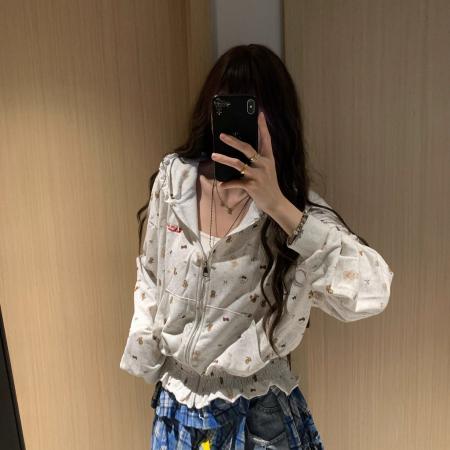 FA42598# 设计感小众美式复古碎花连帽卫衣女宽松休闲百搭开衫外套上衣秋潮 服裝批發女裝批發服飾貨源