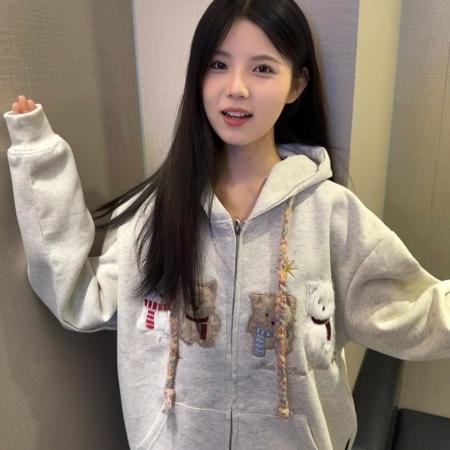 FA42606# 330g纯棉白金拉链后包美式复古刺绣毛绒小狗拉链开衫卫衣 服裝批發女裝批發服飾貨源