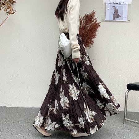 FA42616# 浪漫碎花百褶半身裙女秋冬高腰显瘦褶皱大摆A字裙山茶花半裙 服裝批發女裝批發服飾貨源