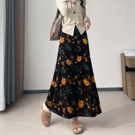 FA42617# 复古新中式醋酸丝绒印花半身裙女秋冬高腰垂感鱼尾裙长款 服裝批發女裝批發服飾貨源