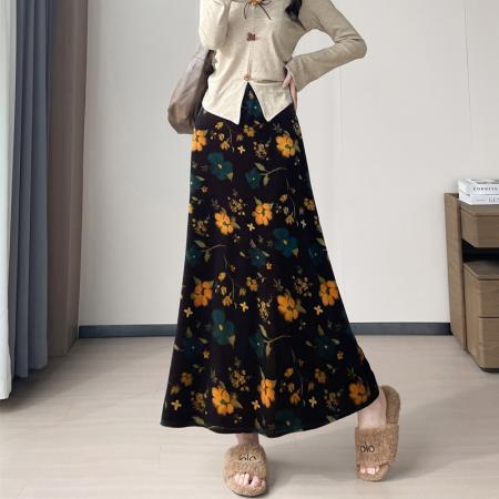 FA42617# 复古新中式醋酸丝绒印花半身裙女秋冬高腰垂感鱼尾裙长款 服裝批發女裝批發服飾貨源