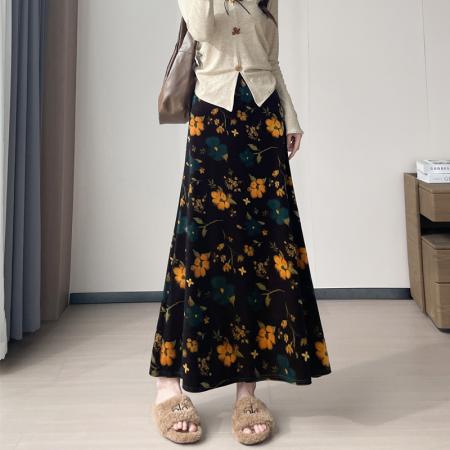 FA42617# 复古新中式醋酸丝绒印花半身裙女秋冬高腰垂感鱼尾裙长款 服裝批發女裝批發服飾貨源
