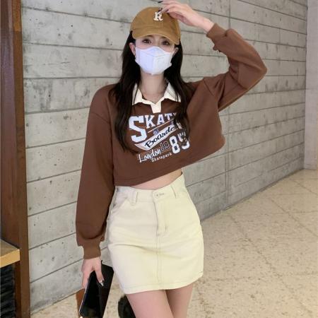 FA42626# 美式复古polo领oversize短款卫衣女春秋新款辣妹洋气长袖上衣 服裝批發女裝批發服飾貨源