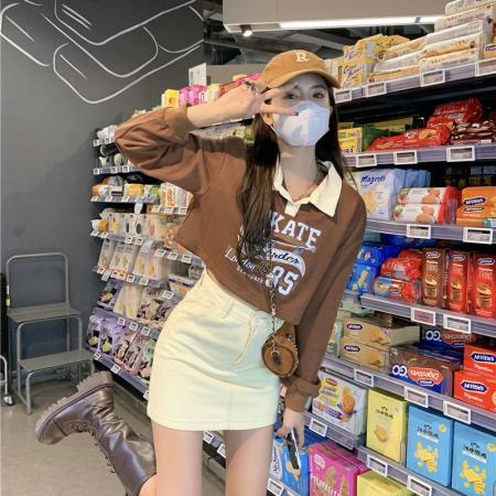 FA42626# 美式复古polo领oversize短款卫衣女春秋新款辣妹洋气长袖上衣 服裝批發女裝批發服飾貨源