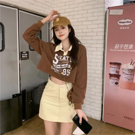 FA42626# 美式复古polo领oversize短款卫衣女春秋新款辣妹洋气长袖上衣 服裝批發女裝批發服飾貨源