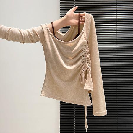 FA42635# 撞色假两件长袖t恤女新款秋季打底衫拼接抽绳收腰 服裝批發女裝批發服飾貨源