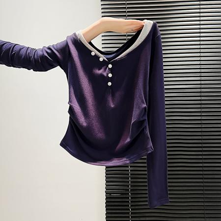 FA42648# v领长袖t恤女新款美式复古撞色褶皱收腰短款假两件 服裝批發女裝批發服飾貨源