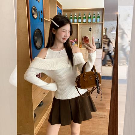 FA42658# 假两件一字肩针织毛衣女秋新款修身内搭温柔甜美露肩上衣 服裝批發女裝批發服飾貨源