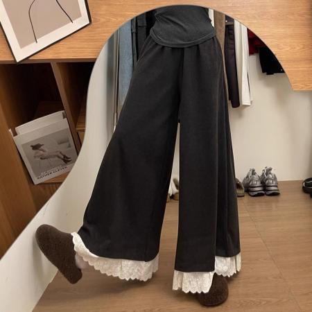 FA42661# 酷丝爽棉蕾丝黑阔腿裤秋高腰宽松显瘦九分直筒休闲裤 服裝批發女裝批發服飾貨源