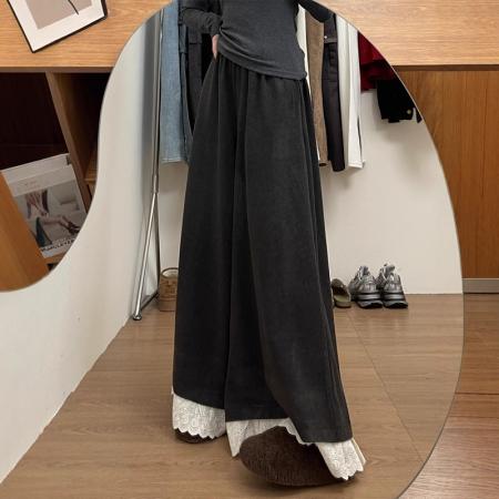 FA42661# 酷丝爽棉蕾丝黑阔腿裤秋高腰宽松显瘦九分直筒休闲裤 服裝批發女裝批發服飾貨源