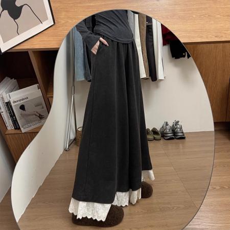 FA42661# 酷丝爽棉蕾丝黑阔腿裤秋高腰宽松显瘦九分直筒休闲裤 服裝批發女裝批發服飾貨源
