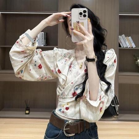 FA42672# 温柔气质减龄高级感时尚法式碎花衬衫女韩版百搭收腰系带白色上衣 服裝批發女裝批發服飾貨源